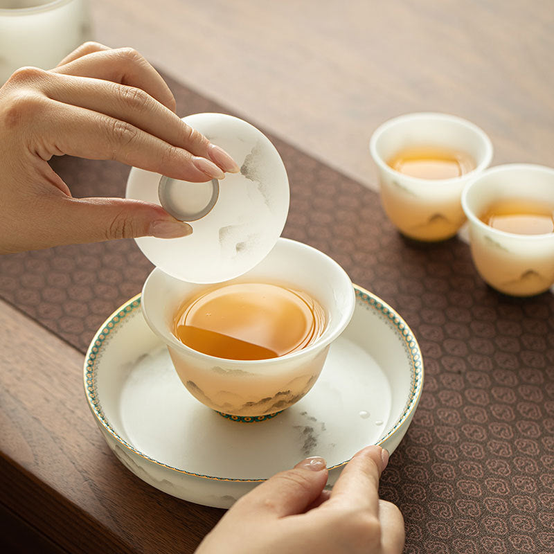Luxury Dehua Mutton-Fat Jade Biscuit Mist Mountain Two-Talent Gaiwan & Pot Bearer Suite - 160ml