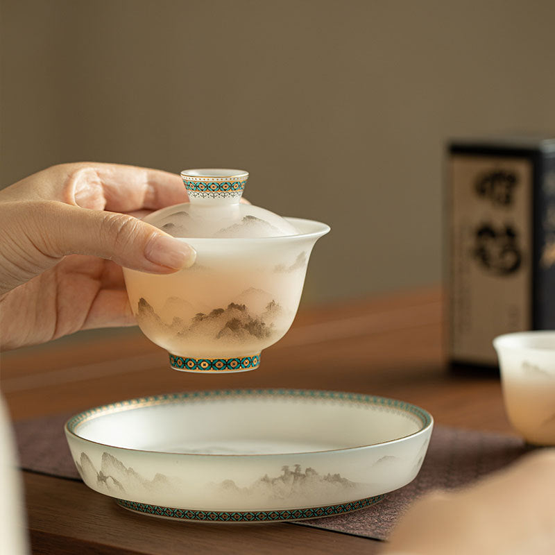 Luxury Dehua Mutton-Fat Jade Biscuit Mist Mountain Two-Talent Gaiwan & Pot Bearer Suite - 160ml