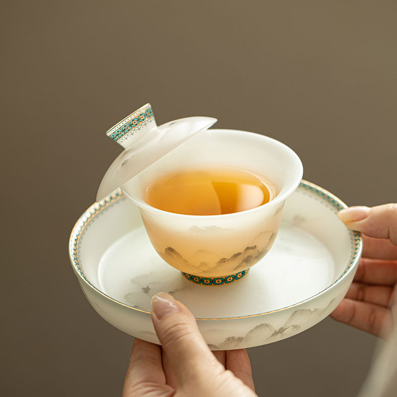 Luxury Dehua Mutton-Fat Jade Biscuit Mist Mountain Two-Talent Gaiwan & Pot Bearer Suite - 160ml