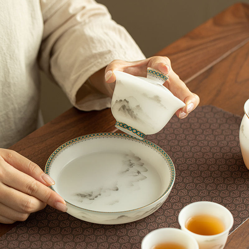 Luxury Dehua Mutton-Fat Jade Biscuit Mist Mountain Two-Talent Gaiwan & Pot Bearer Suite - 160ml