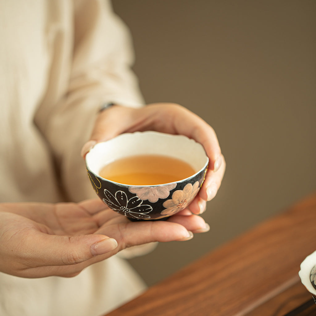 Authentic Rock Mineral White Black Glaze Blooming Flora Qiyun Master Teacup - 85ml Cup