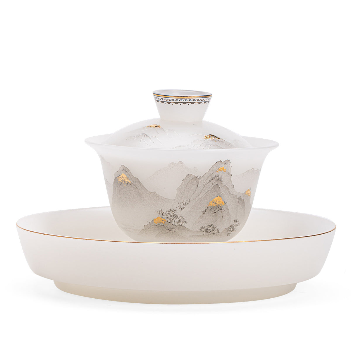 Authentic Ice-Glazed Biscuit 24K Gilded Mountain Two-Talent Gaiwan - 160ml Tea Bowl