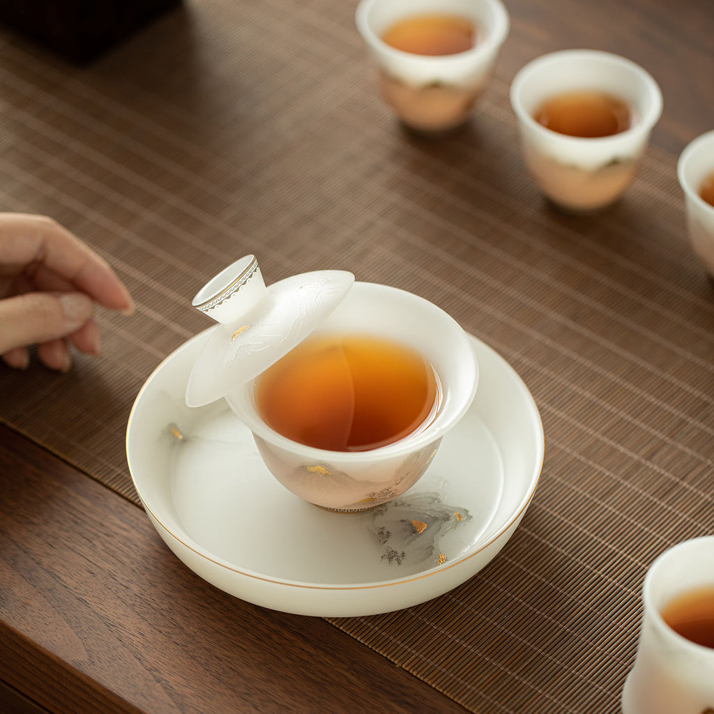 Authentic Ice-Glazed Biscuit 24K Gilded Mountain Two-Talent Gaiwan - 160ml Tea Bowl