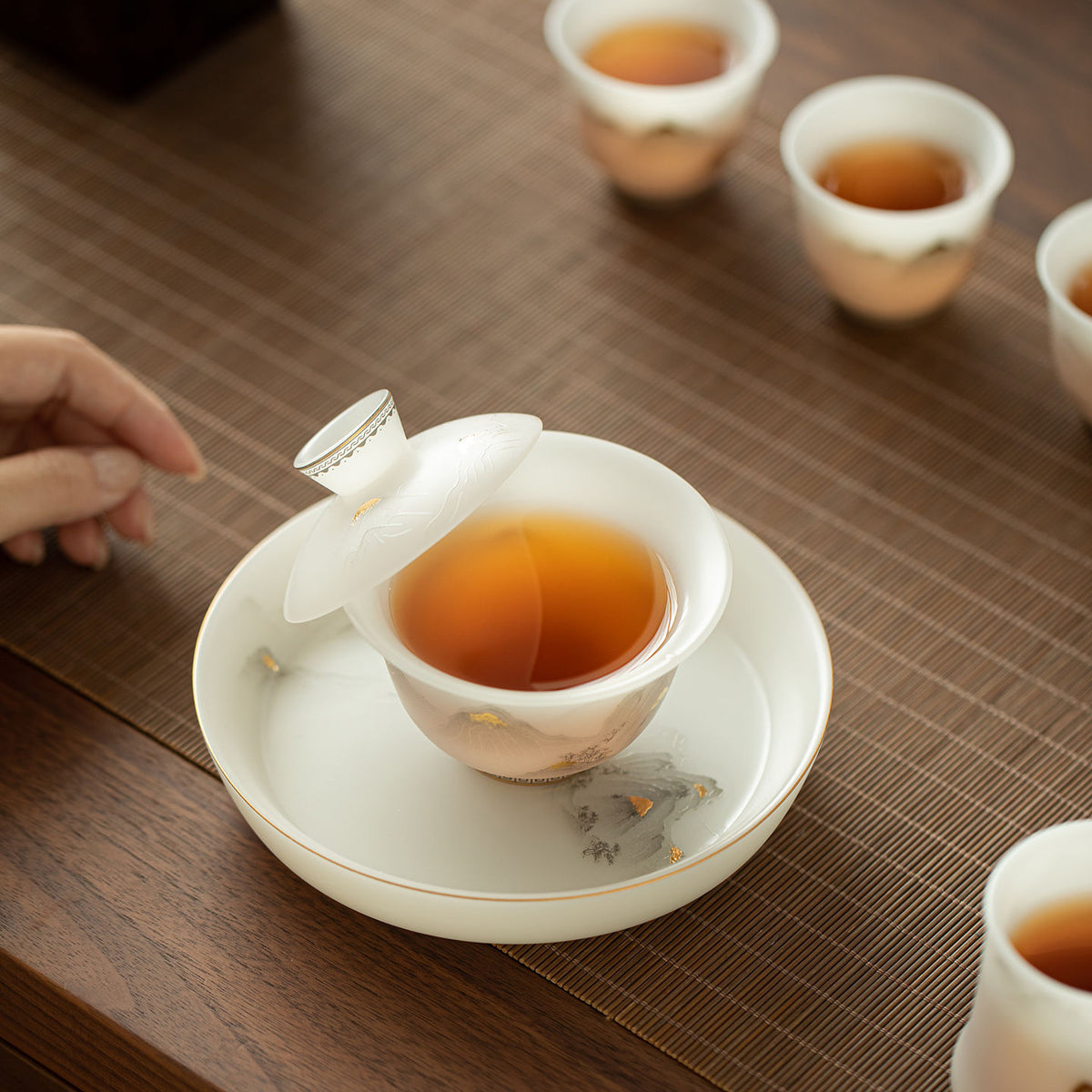 Authentic Ice-Glazed Biscuit 24K Gilded Mountain Two-Talent Gaiwan - 160ml Tea Bowl