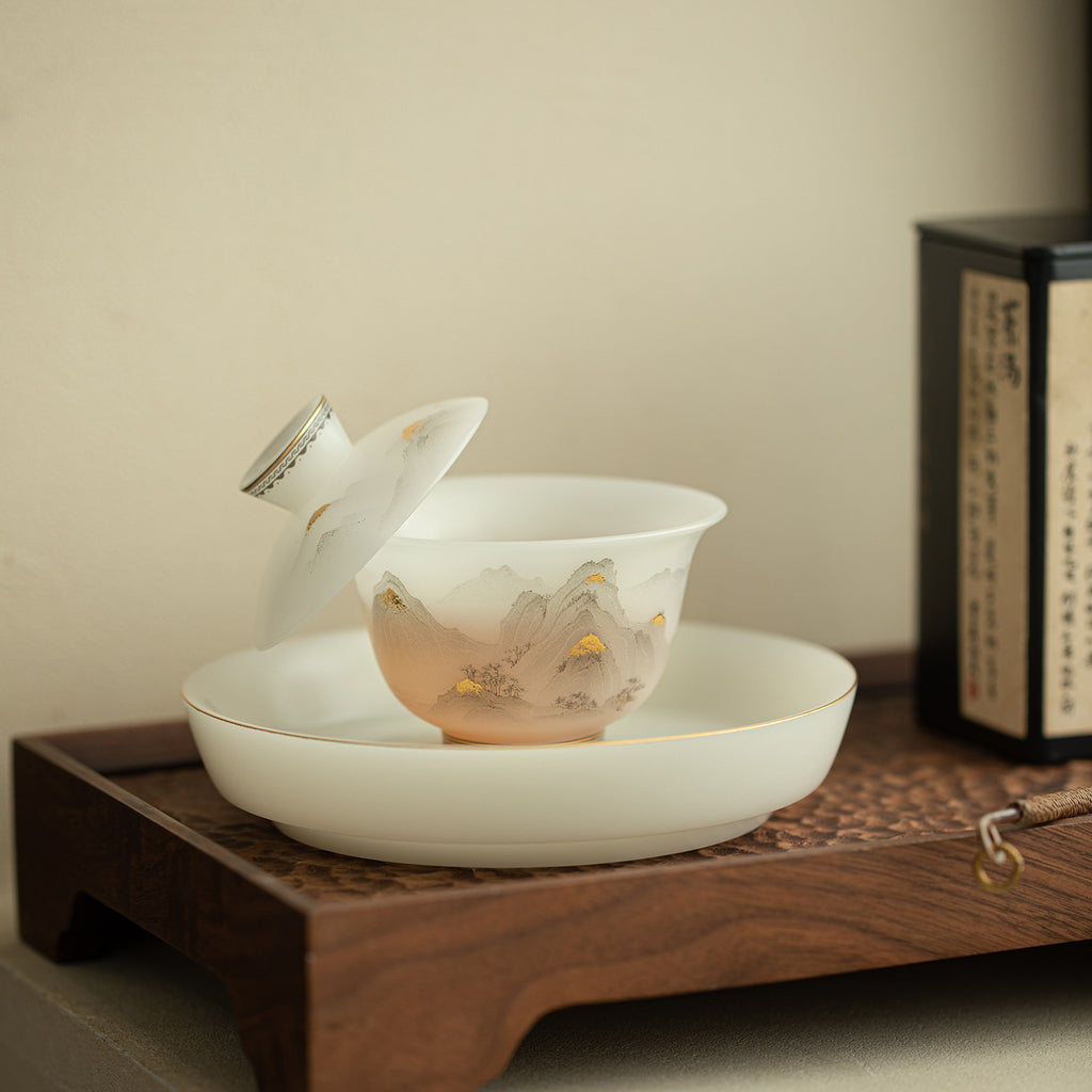 Authentic Ice-Glazed Biscuit 24K Gilded Mountain Two-Talent Gaiwan - 160ml Tea Bowl