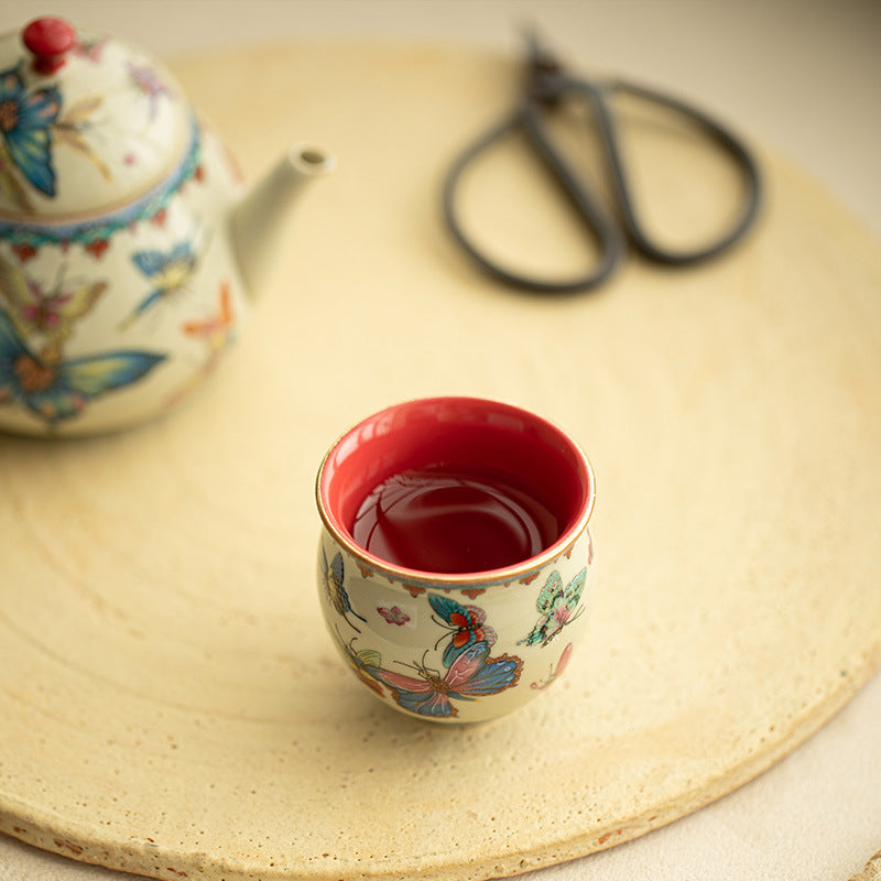 Authentic Palace Wall Red Dancing Butterfly Beauty Master Teacup - 80ml Gongfu Cup