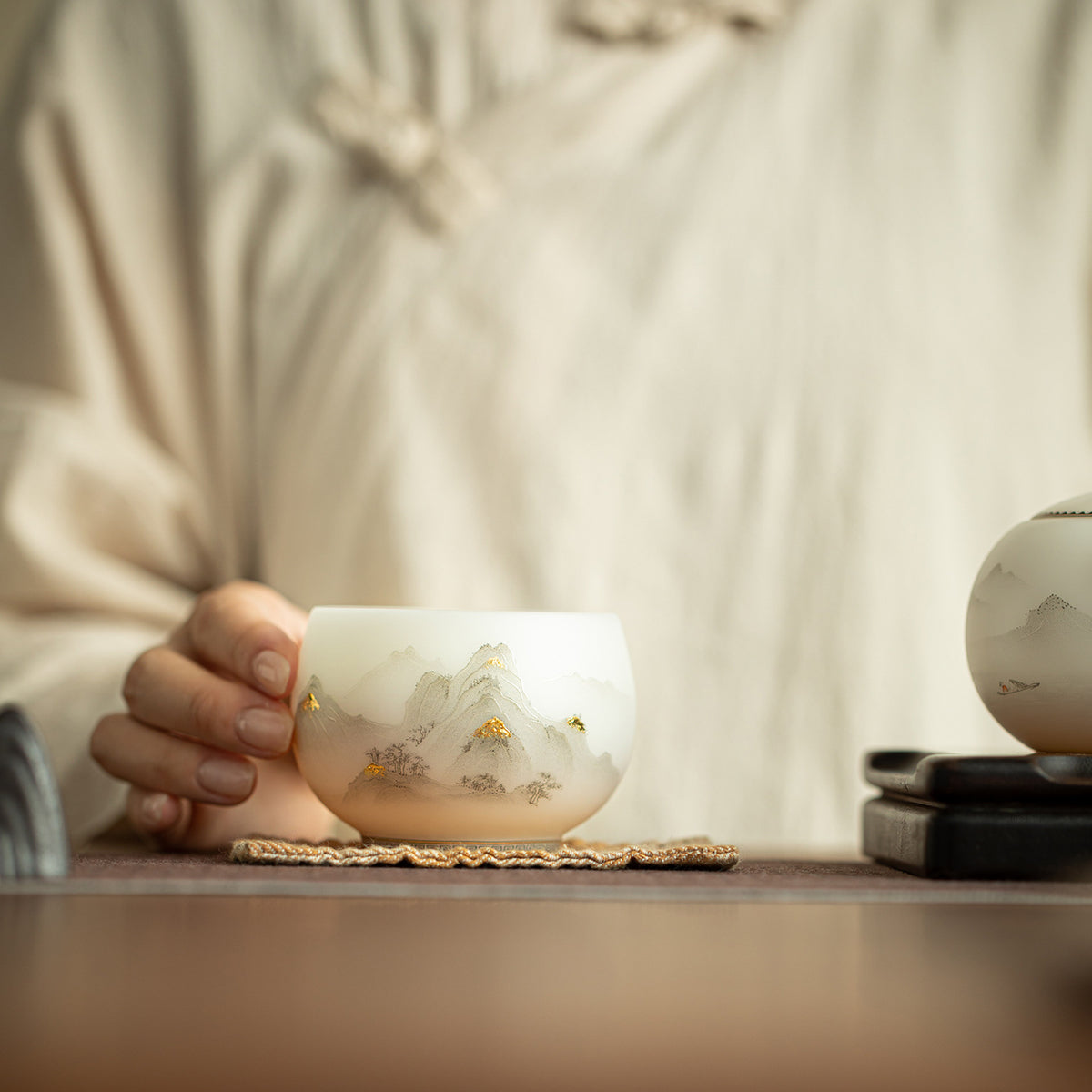 Luxury Dehua Mutton-Fat Jade Biscuit 24K Gilded Landscape Luohan Teacup - 105ml Master Cup
