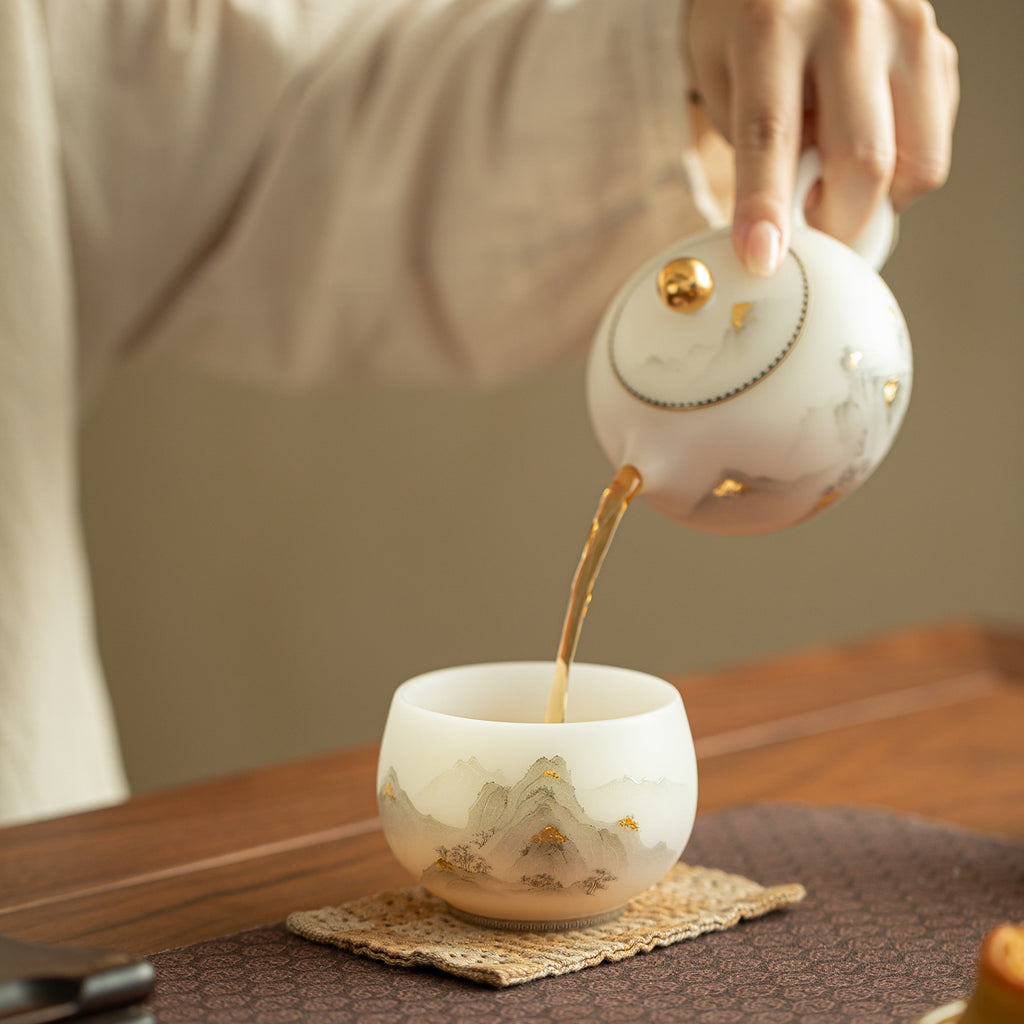Luxury Dehua Mutton-Fat Jade Biscuit 24K Gilded Landscape Luohan Teacup - 105ml Master Cup