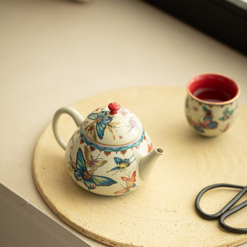 Authentic Palace Wall Red Dancing Butterfly Pear-Shaped Ceramic Teapot - 175ml Gongfu Pot