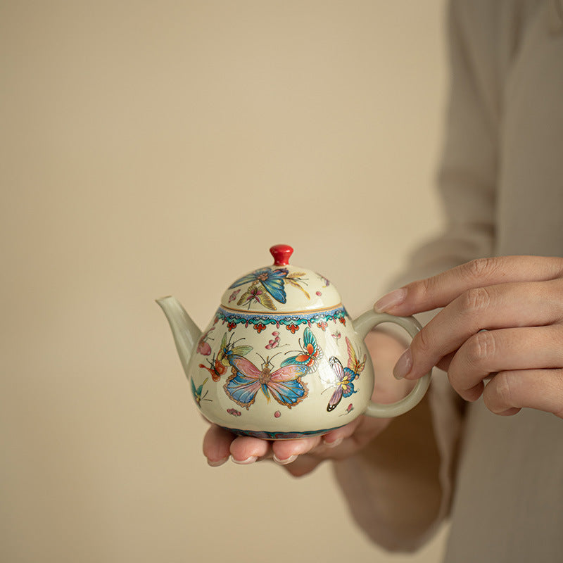 Authentic Palace Wall Red Dancing Butterfly Pear-Shaped Ceramic Teapot - 175ml Gongfu Pot