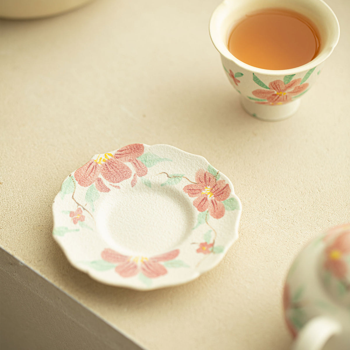 Authentic Rock Mineral White Hand-Painted Camellia Coaster & Pot Bearer - 16cm Teaware