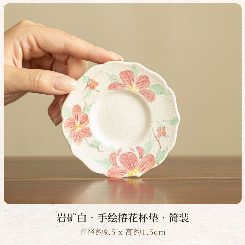 Authentic Rock Mineral White Hand-Painted Camellia Coaster & Pot Bearer - 16cm Teaware