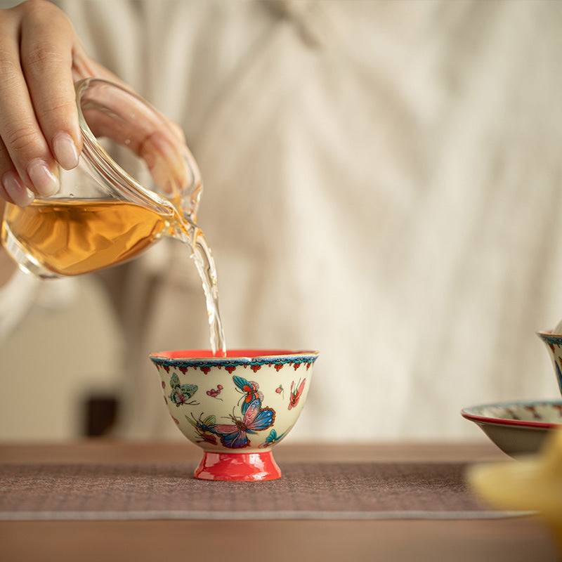 Authentic Palace Wall Red Butterfly Plum Blossom High-Stem Master Teacup - 75ml Gongfu Cup