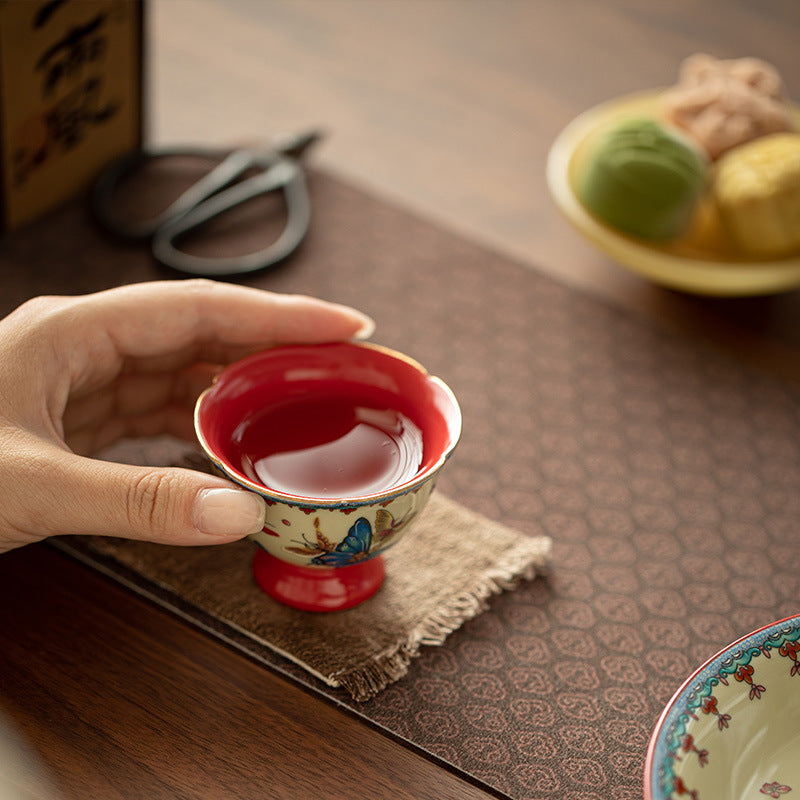Authentic Palace Wall Red Butterfly Plum Blossom High-Stem Master Teacup - 75ml Gongfu Cup