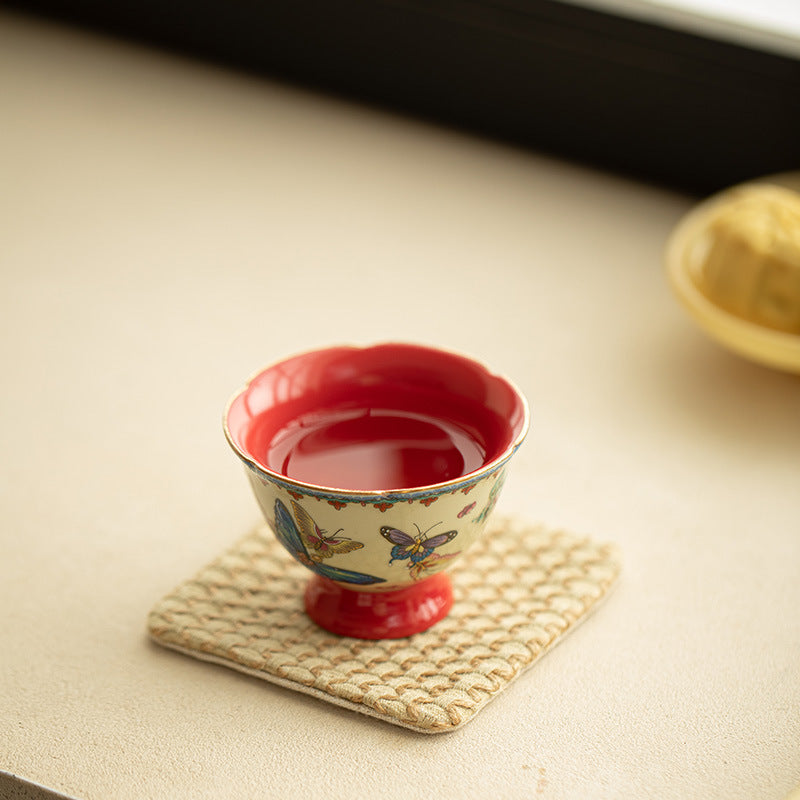 Authentic Palace Wall Red Butterfly Plum Blossom High-Stem Master Teacup - 75ml Gongfu Cup