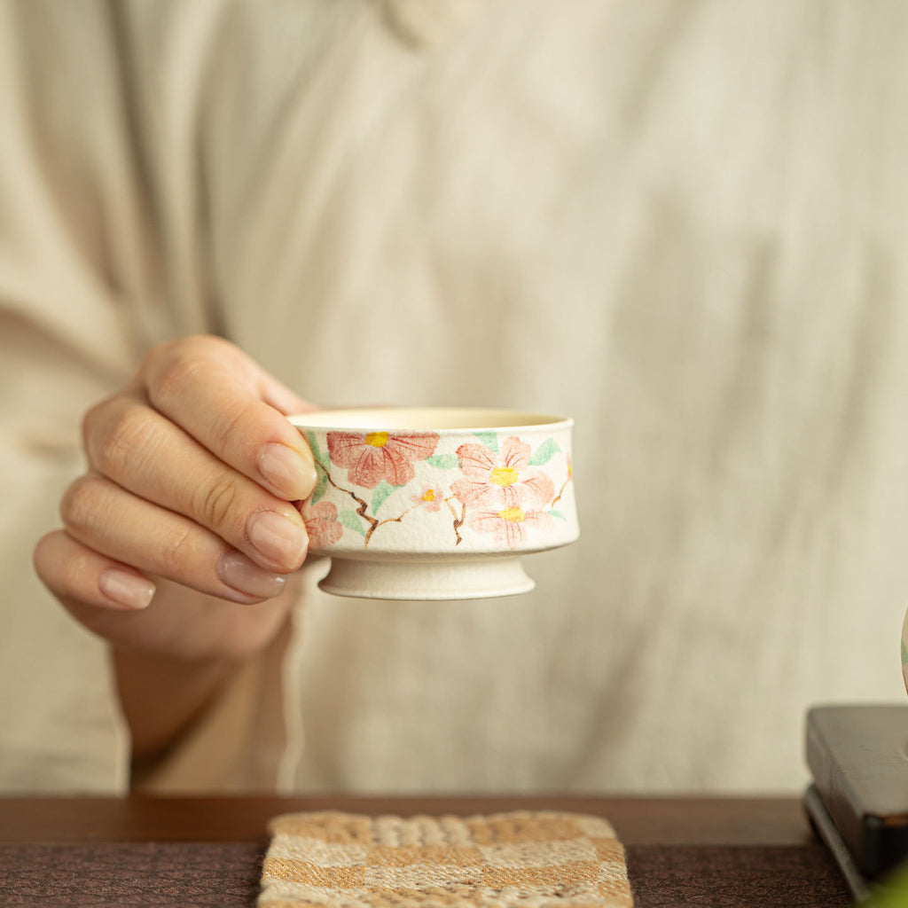 Authentic Rock Mineral White Hand-Painted Camellia Low-Foot Master Teacup - 80ml Gongfu Cup