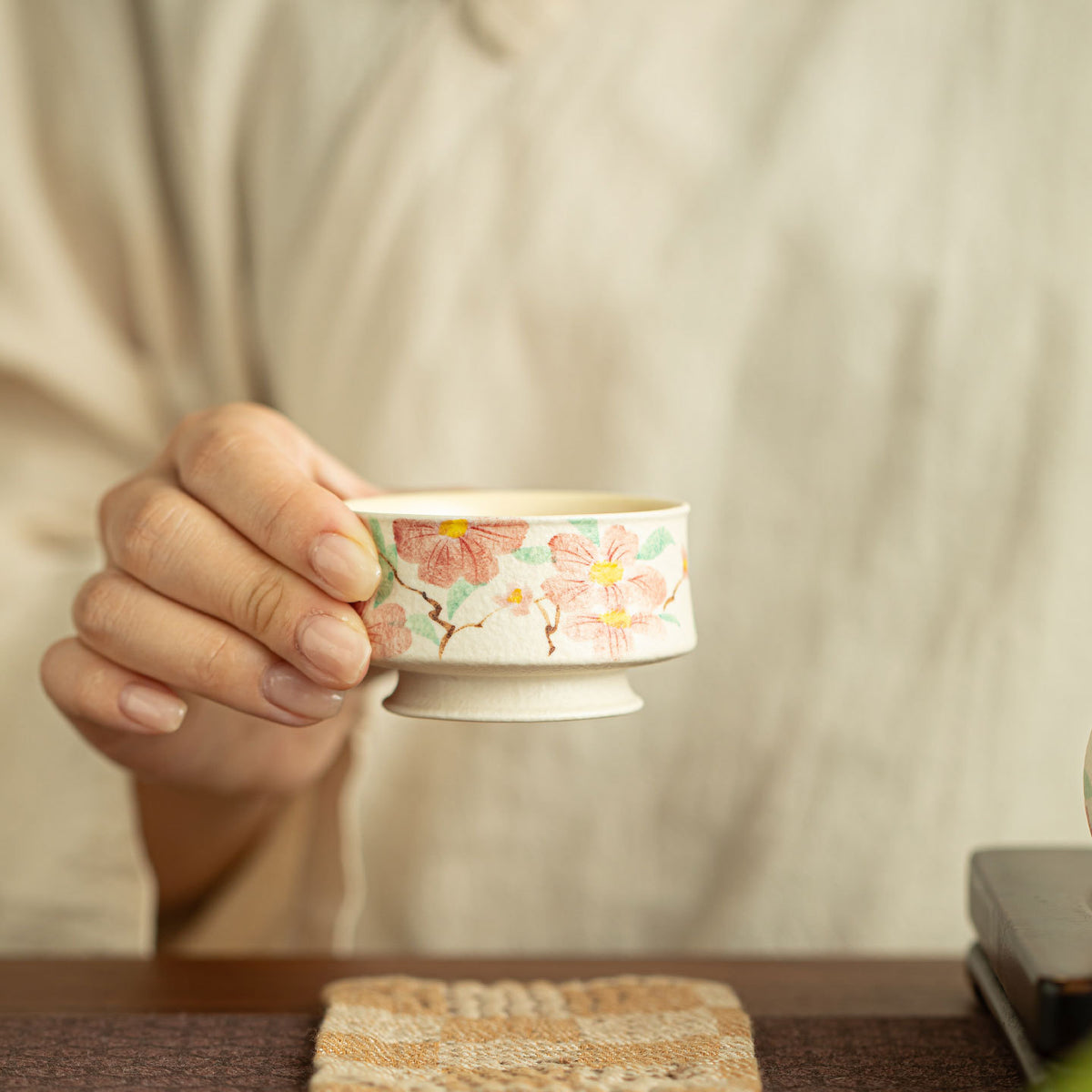 Authentic Rock Mineral White Hand-Painted Camellia Low-Foot Master Teacup - 80ml Gongfu Cup