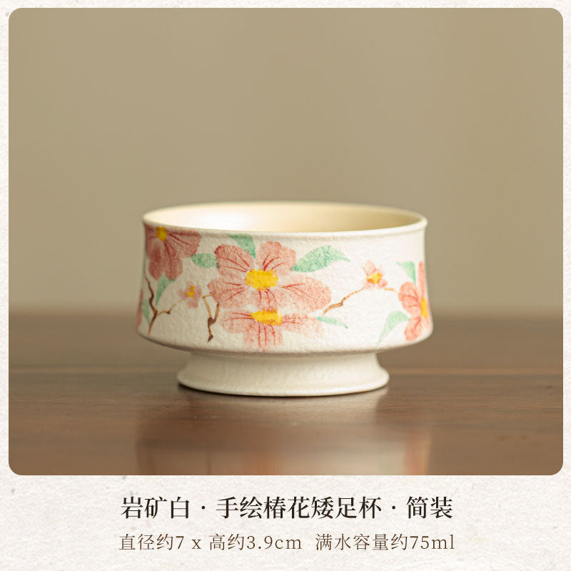 Authentic Rock Mineral White Hand-Painted Camellia Low-Foot Master Teacup - 80ml Gongfu Cup