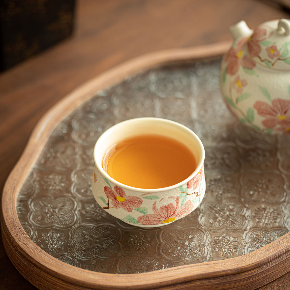 Authentic Rock Mineral White Hand-Painted Camellia Low-Foot Master Teacup - 80ml Gongfu Cup