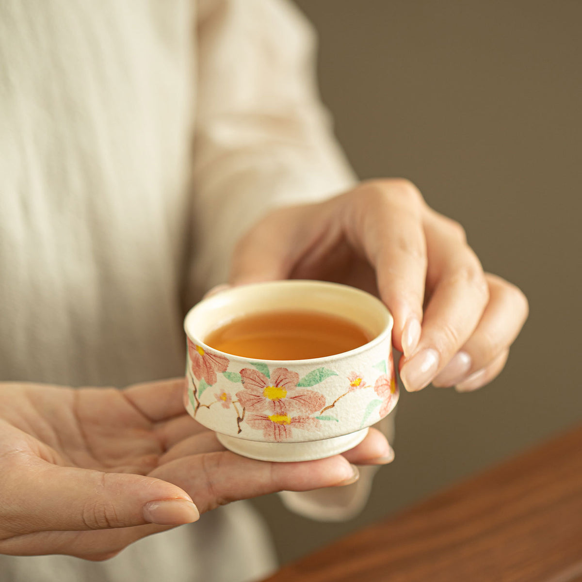 Authentic Rock Mineral White Hand-Painted Camellia Low-Foot Master Teacup - 80ml Gongfu Cup