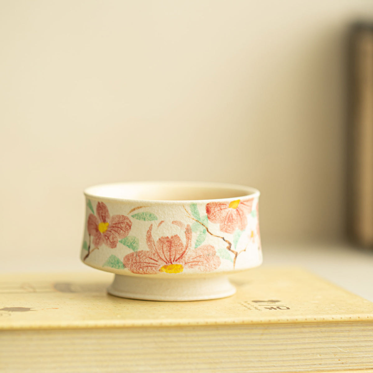 Authentic Rock Mineral White Hand-Painted Camellia Low-Foot Master Teacup - 80ml Gongfu Cup