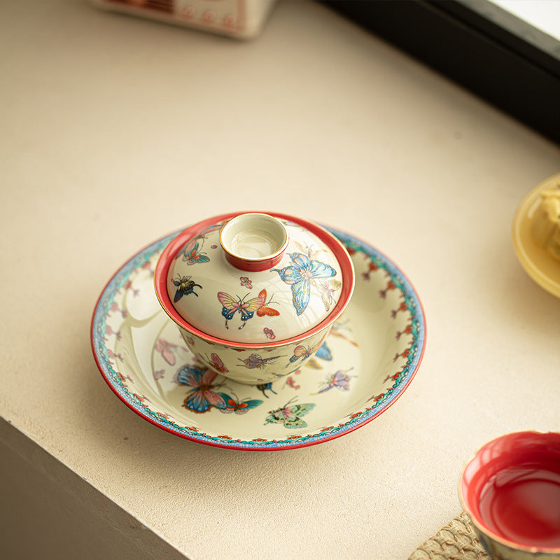 Authentic Palace Wall Red Dancing Butterfly Yuanbao San Cai Gaiwan - 165ml Tea Bowl