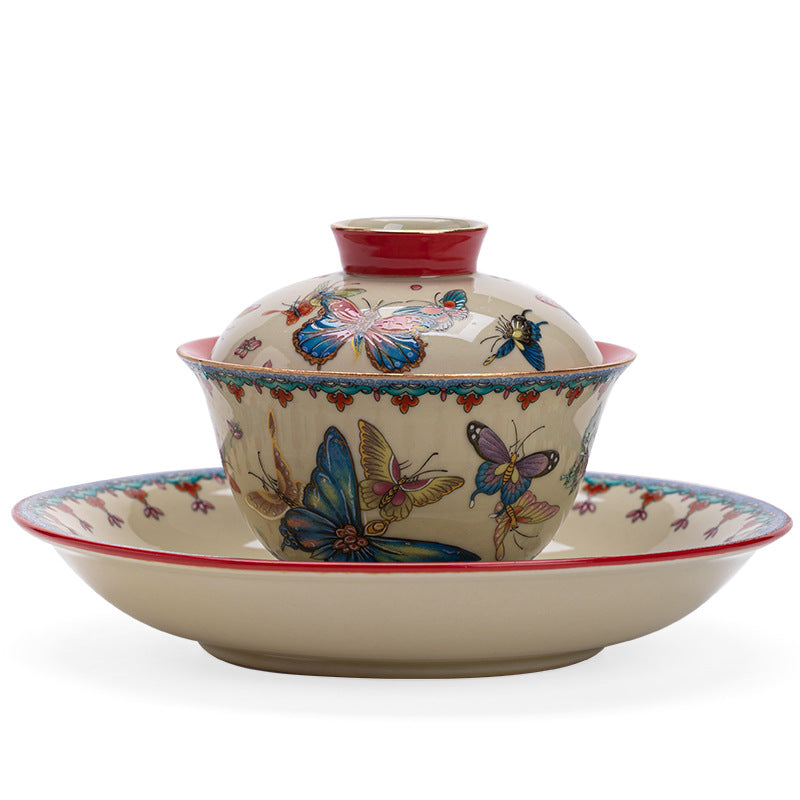 Authentic Palace Wall Red Dancing Butterfly Yuanbao San Cai Gaiwan - 165ml Tea Bowl