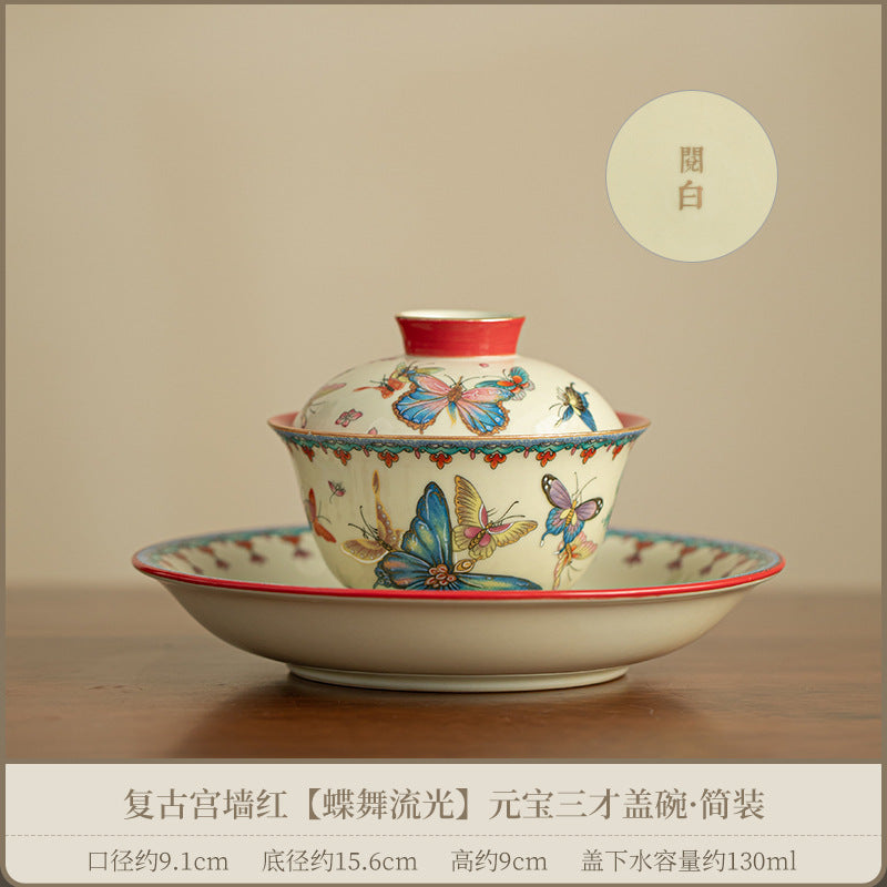 Authentic Palace Wall Red Dancing Butterfly Yuanbao San Cai Gaiwan - 165ml Tea Bowl