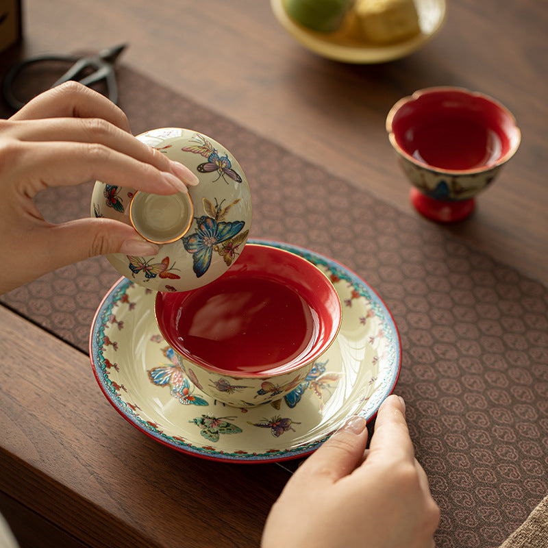 Authentic Palace Wall Red Dancing Butterfly Yuanbao San Cai Gaiwan - 165ml Tea Bowl