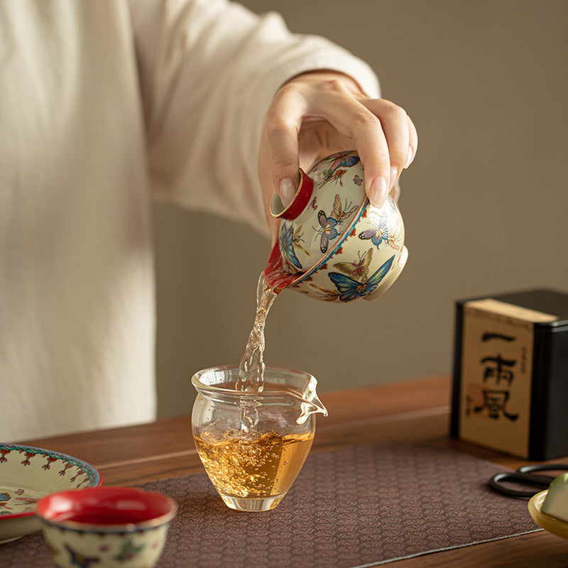 Authentic Palace Wall Red Dancing Butterfly Yuanbao San Cai Gaiwan - 165ml Tea Bowl