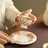 Authentic Rock Mineral White Hand-Painted Camellia High-Stem San Cai Gaiwan - 165ml Tea Bowl