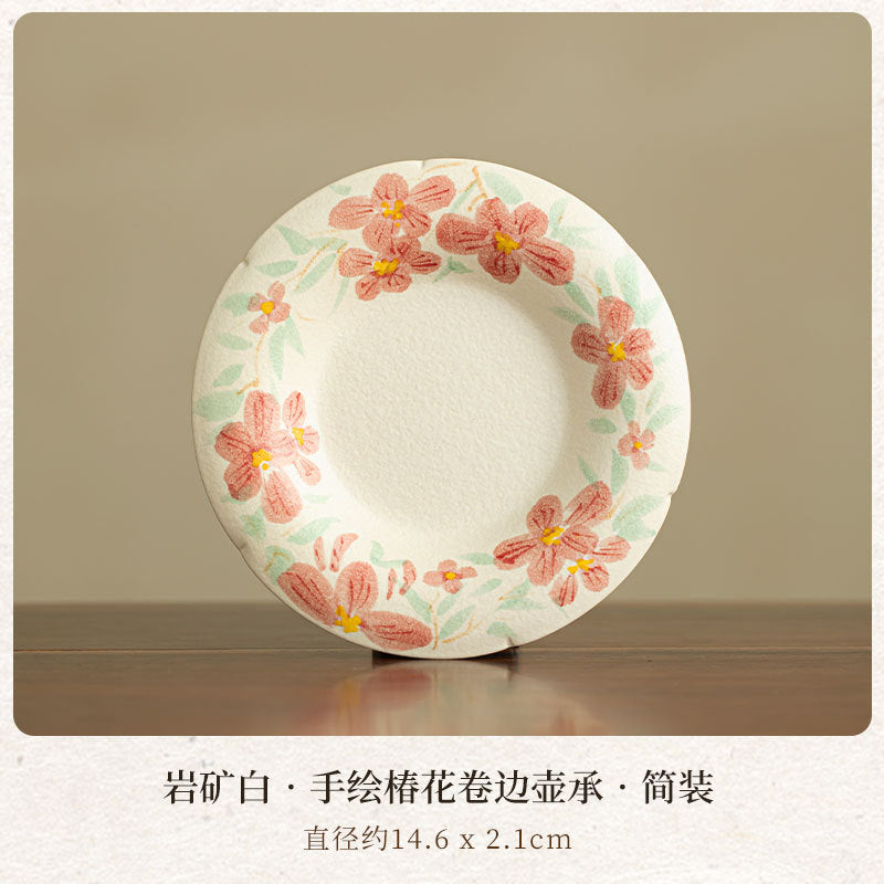 Authentic Rock Mineral White Hand-Painted Camellia High-Stem San Cai Gaiwan - 165ml Tea Bowl