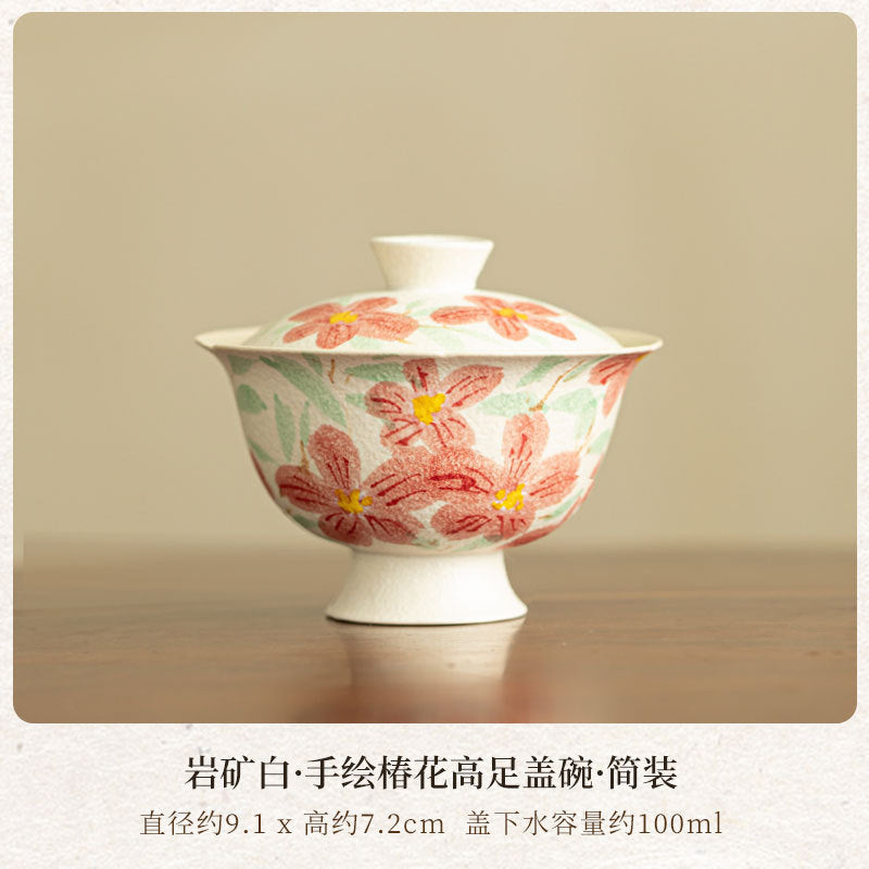 Authentic Rock Mineral White Hand-Painted Camellia High-Stem San Cai Gaiwan - 165ml Tea Bowl