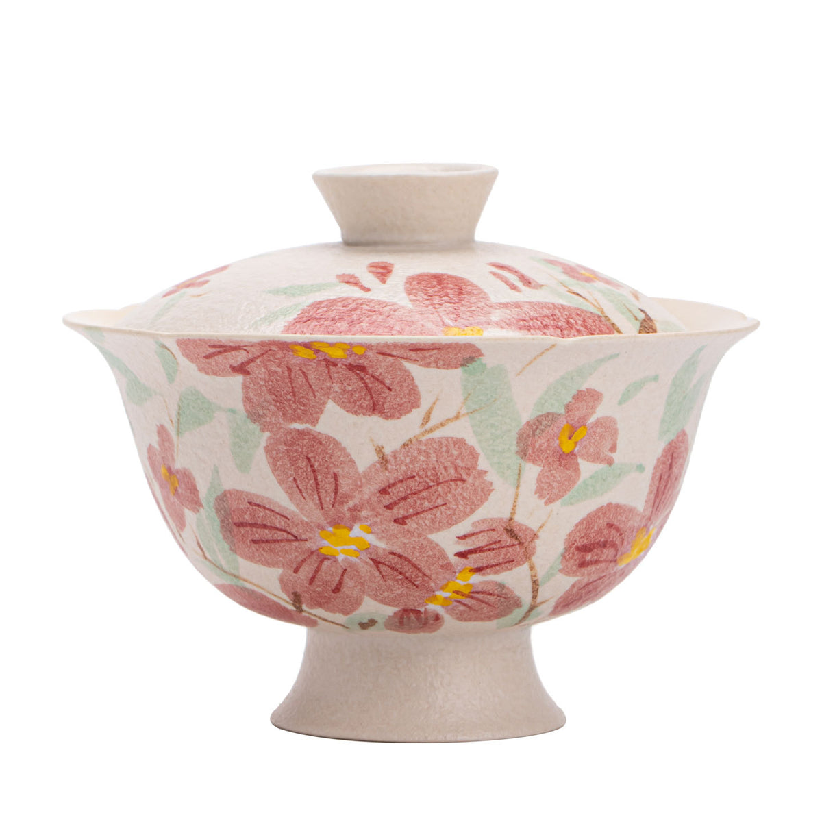 Authentic Rock Mineral White Hand-Painted Camellia High-Stem San Cai Gaiwan - 165ml Tea Bowl