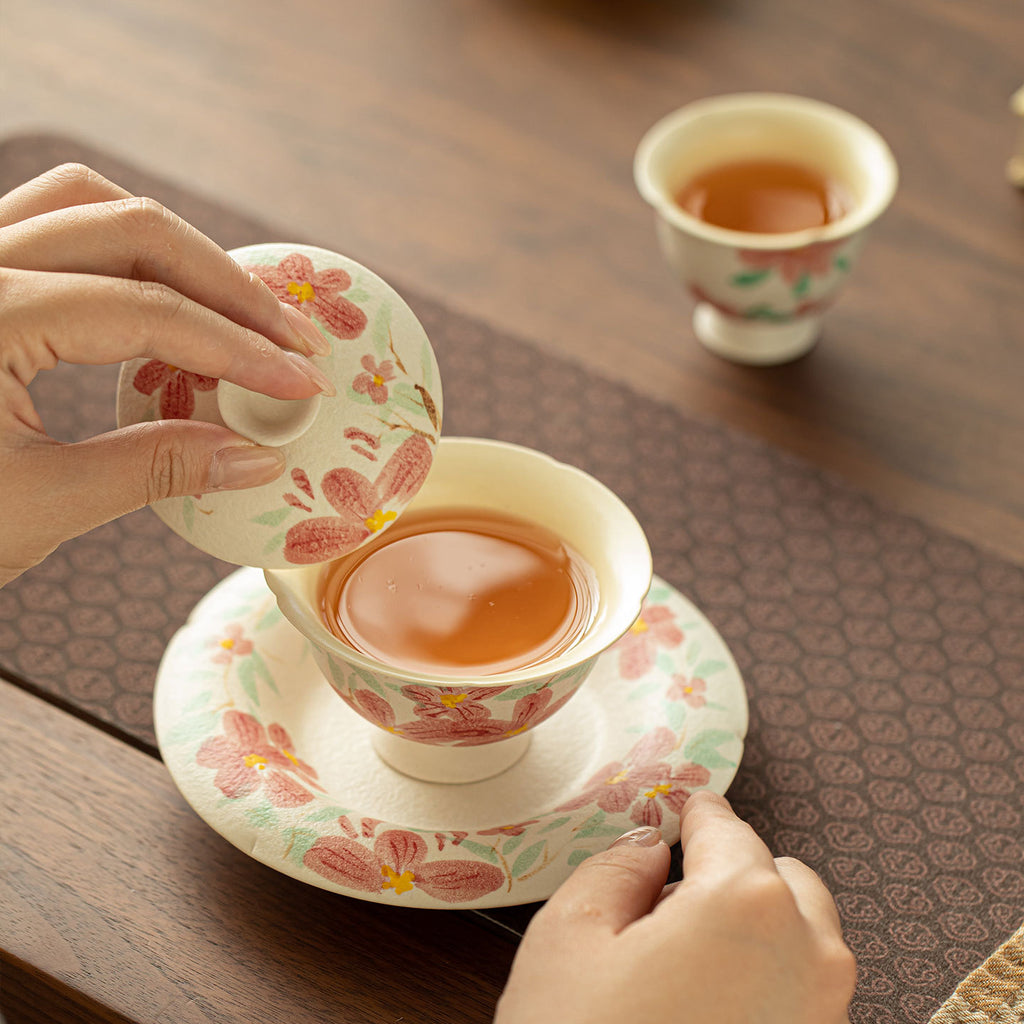 Authentic Rock Mineral White Hand-Painted Camellia High-Stem San Cai Gaiwan - 165ml Tea Bowl