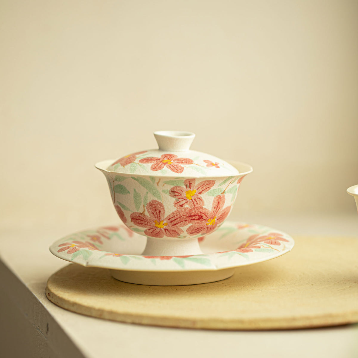 Authentic Rock Mineral White Hand-Painted Camellia High-Stem San Cai Gaiwan - 165ml Tea Bowl