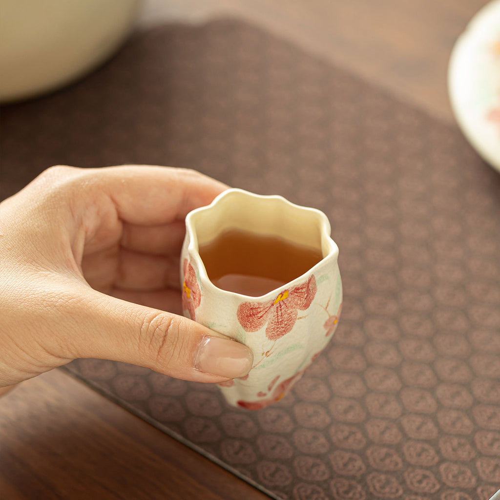 Authentic Rock Mineral White Hand-Painted Camellia Triangular Master Teacup - 80ml Gongfu Cup