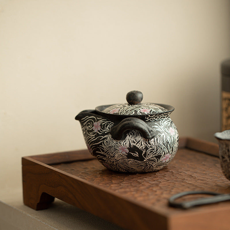 Authentic Black Pearl Old Rock Clay Nine-Tailed Fox Hand-Grip Teapot - 170ml Gongfu Pot