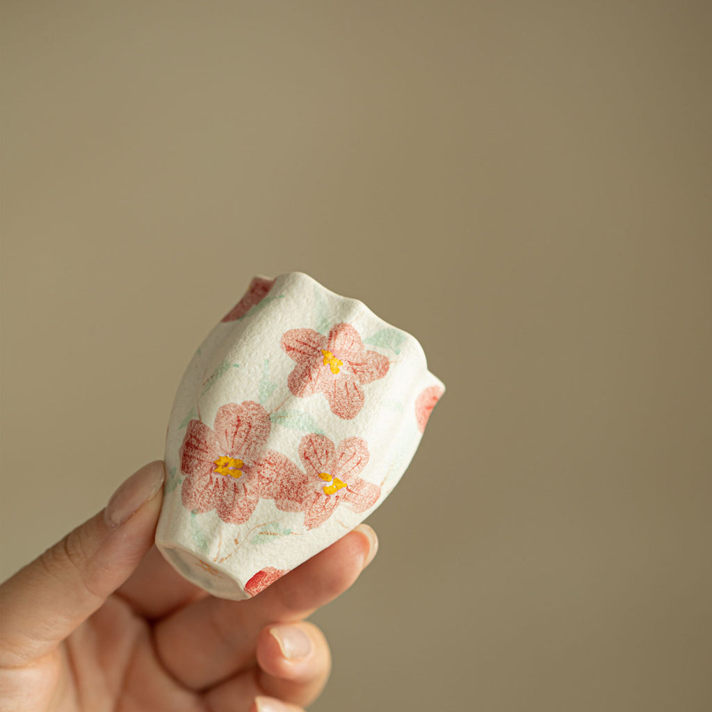 Authentic Rock Mineral White Hand-Painted Camellia Triangular Master Teacup - 80ml Gongfu Cup