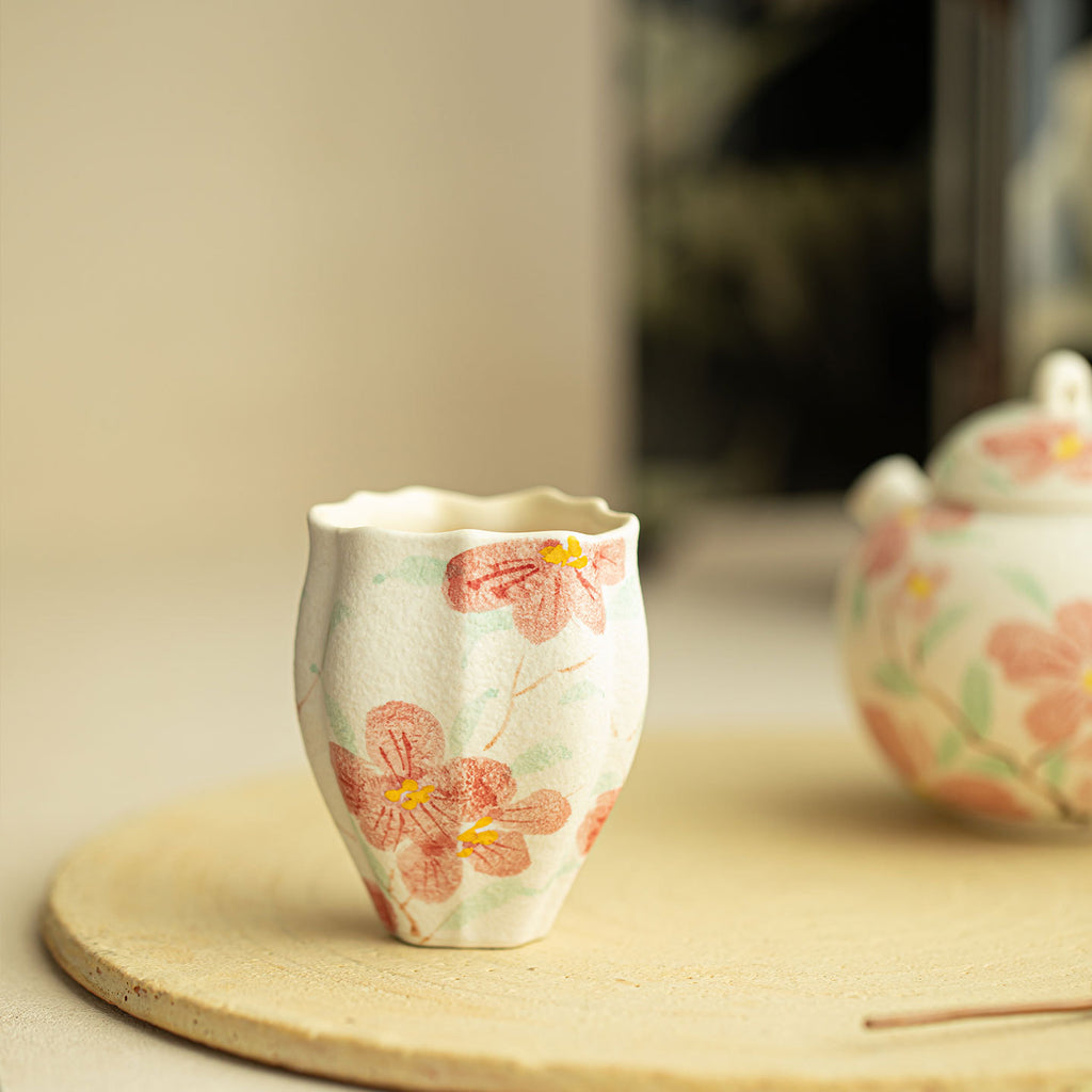 Authentic Rock Mineral White Hand-Painted Camellia Triangular Master Teacup - 80ml Gongfu Cup