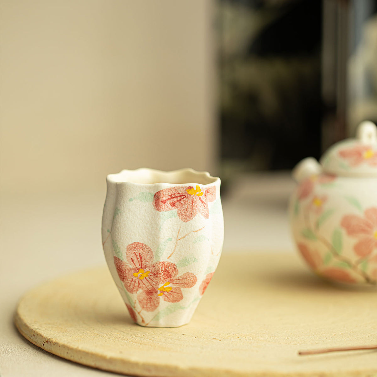 Authentic Rock Mineral White Hand-Painted Camellia Triangular Master Teacup - 80ml Gongfu Cup