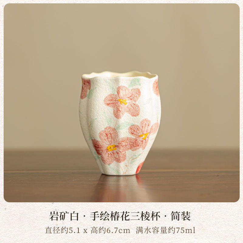 Authentic Rock Mineral White Hand-Painted Camellia Triangular Master Teacup - 80ml Gongfu Cup