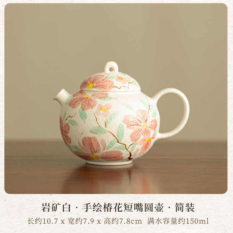 Authentic Rock Mineral White Hand-Painted Camellia Short-Spout Round Teapot - 180ml Gongfu Pot