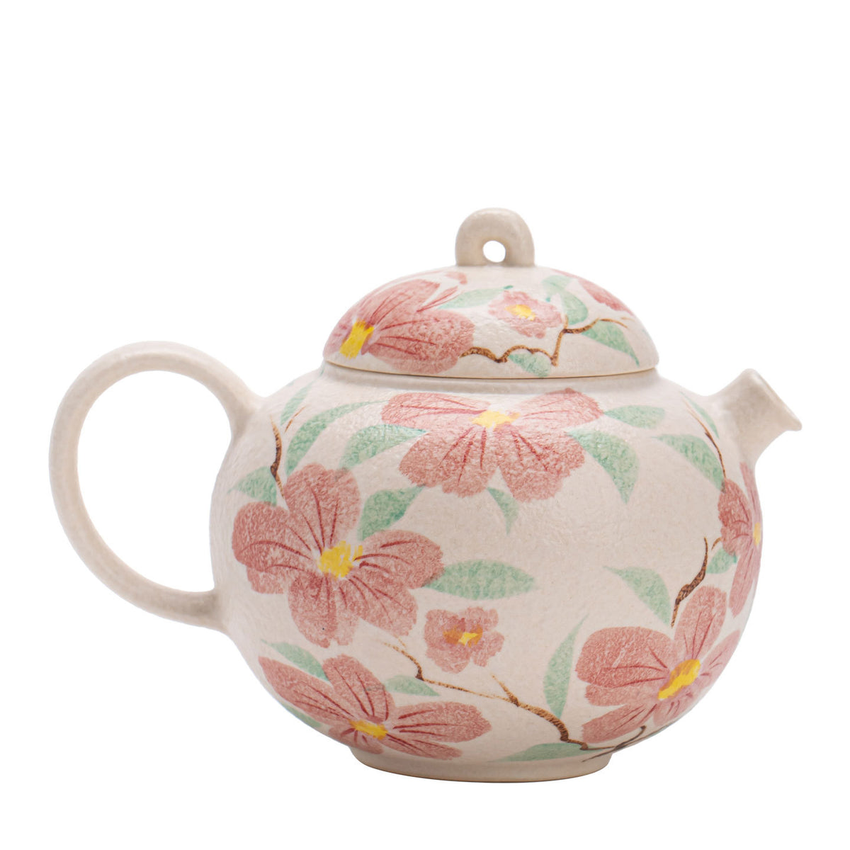 Authentic Rock Mineral White Hand-Painted Camellia Short-Spout Round Teapot - 180ml Gongfu Pot