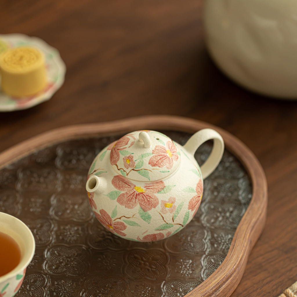 Authentic Rock Mineral White Hand-Painted Camellia Short-Spout Round Teapot - 180ml Gongfu Pot