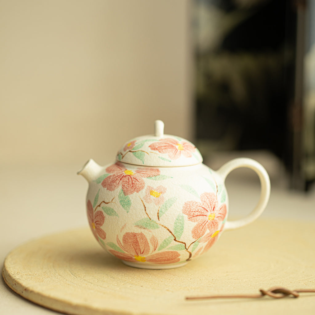 Authentic Rock Mineral White Hand-Painted Camellia Short-Spout Round Teapot - 180ml Gongfu Pot