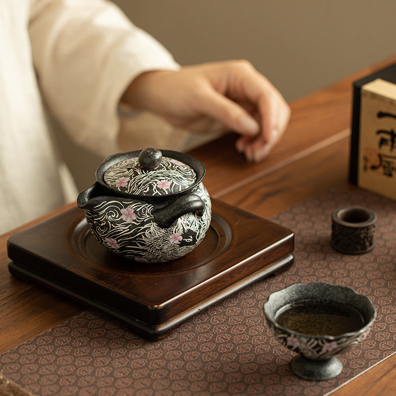 Authentic Black Pearl Old Rock Clay Nine-Tailed Fox Hand-Grip Teapot - 170ml Gongfu Pot