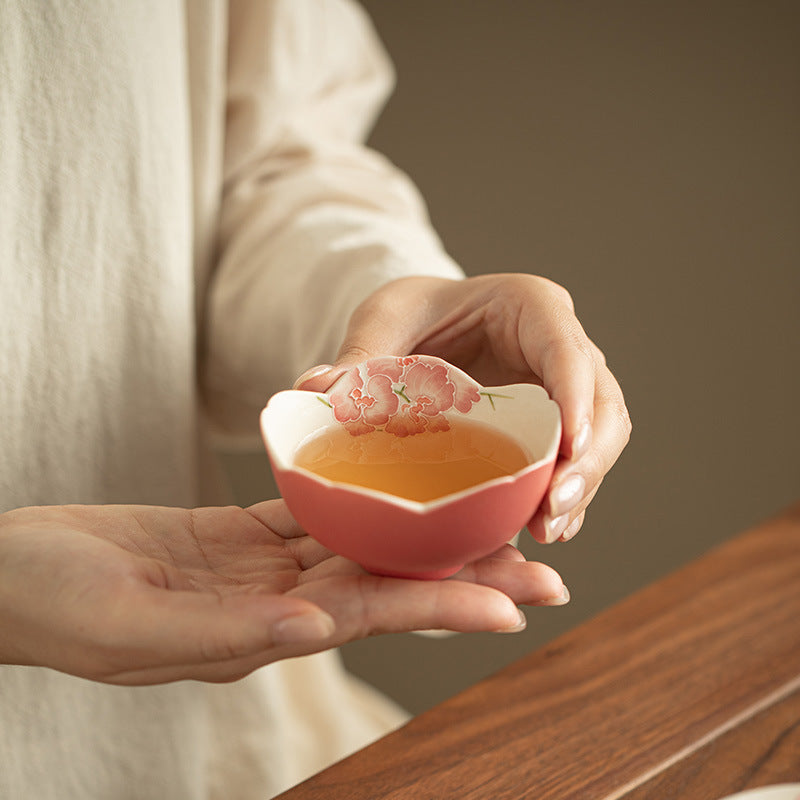 Authentic Rock Mineral White Relief Peach-Pink Butterfly Orchid Master Teacup - 85ml Cup