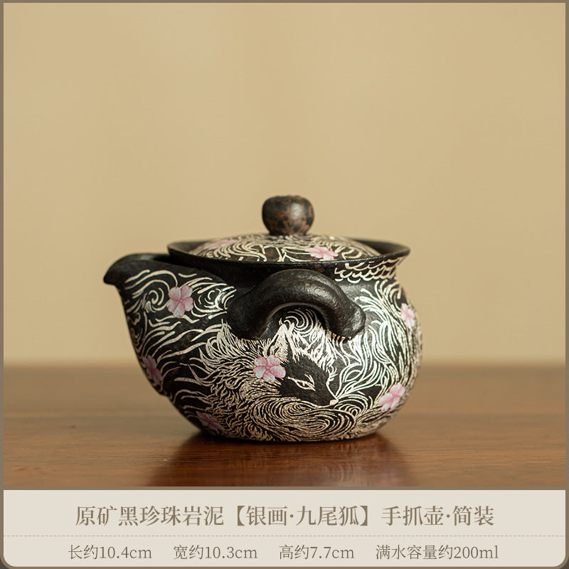 Authentic Black Pearl Old Rock Clay Nine-Tailed Fox Hand-Grip Teapot - 170ml Gongfu Pot