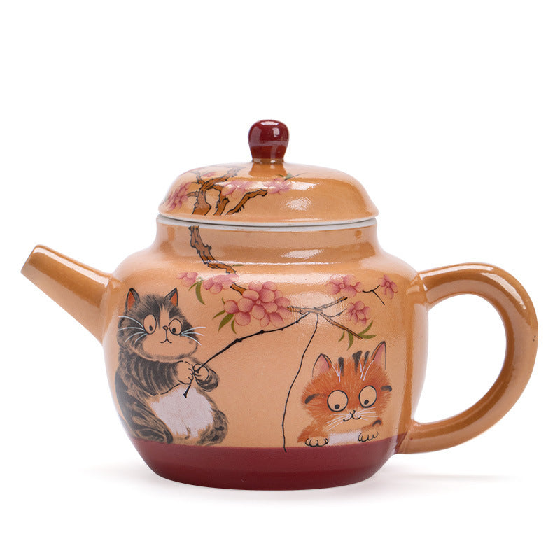 Authentic Wood-Fired Style Playful Cat Ningxiang Ceramic Teapot - 180ml Anti-Scald Gongfu Pot